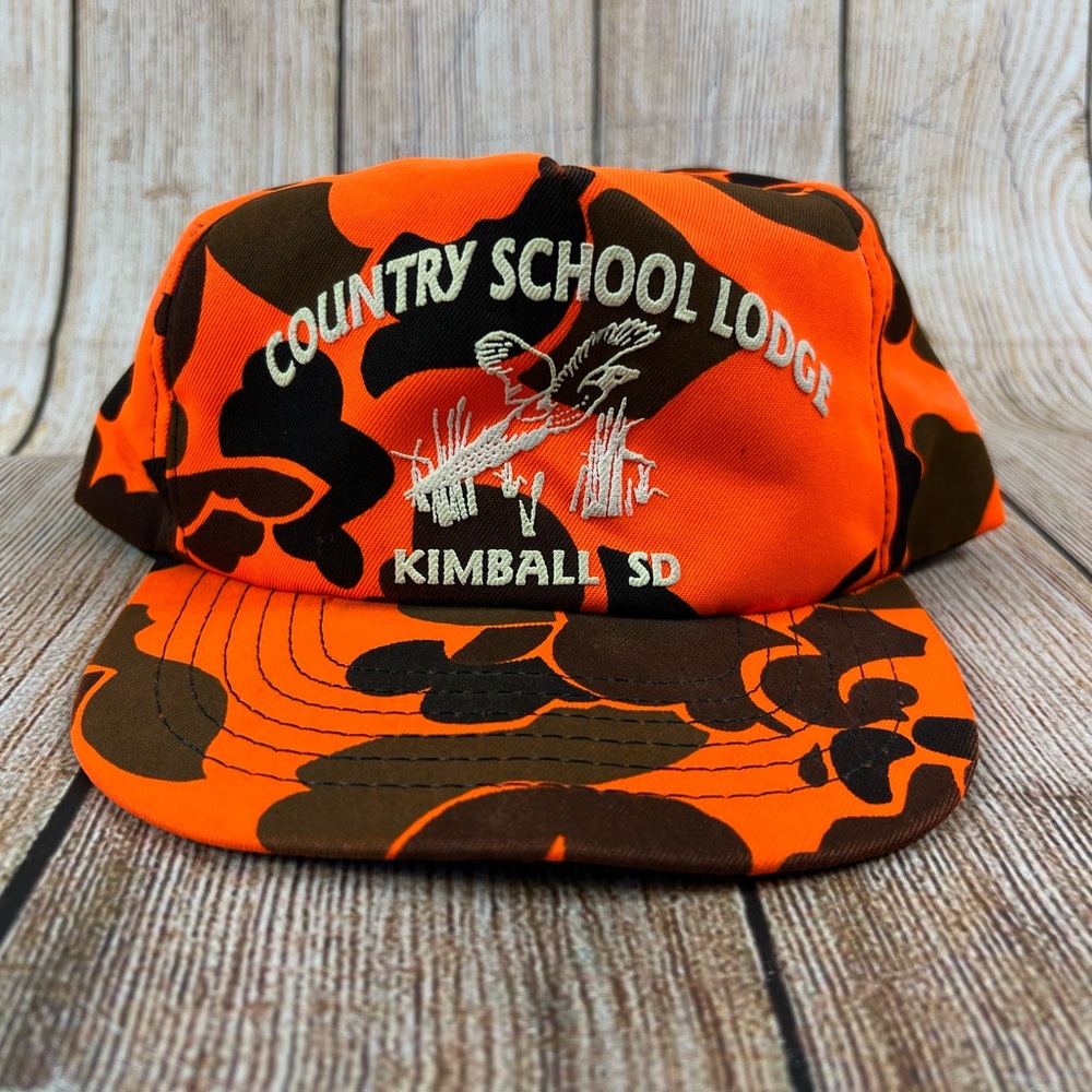 Vintage Blaze Orange Camo Trucker Snapback Hat Kimball South Dakota Made In USA